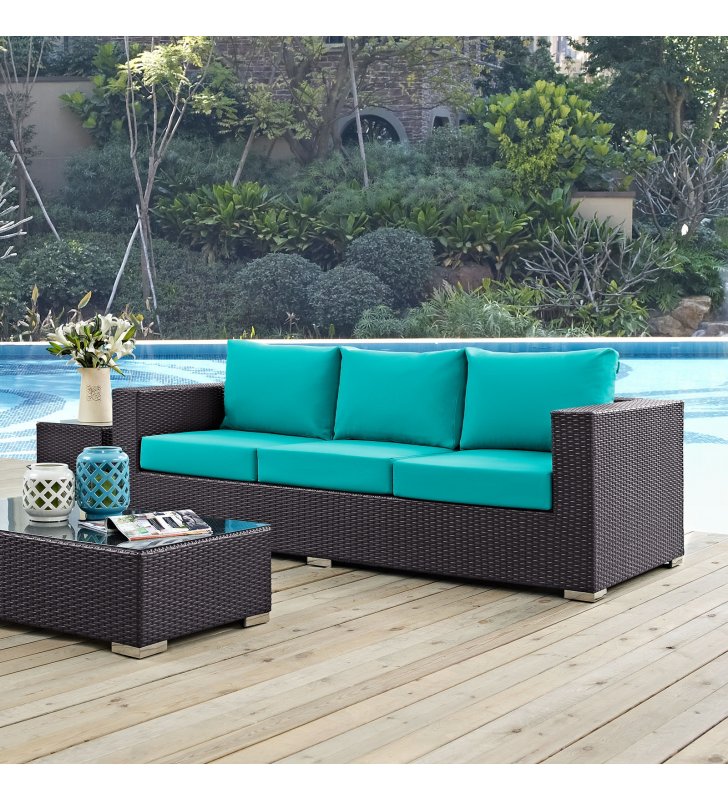 Convene Outdoor Patio Sofa in Espresso Turquoise - Lexmod