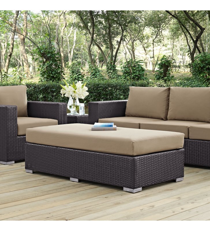 Convene Outdoor Patio Fabric Rectangle Ottoman in Espresso Mocha - Lexmod