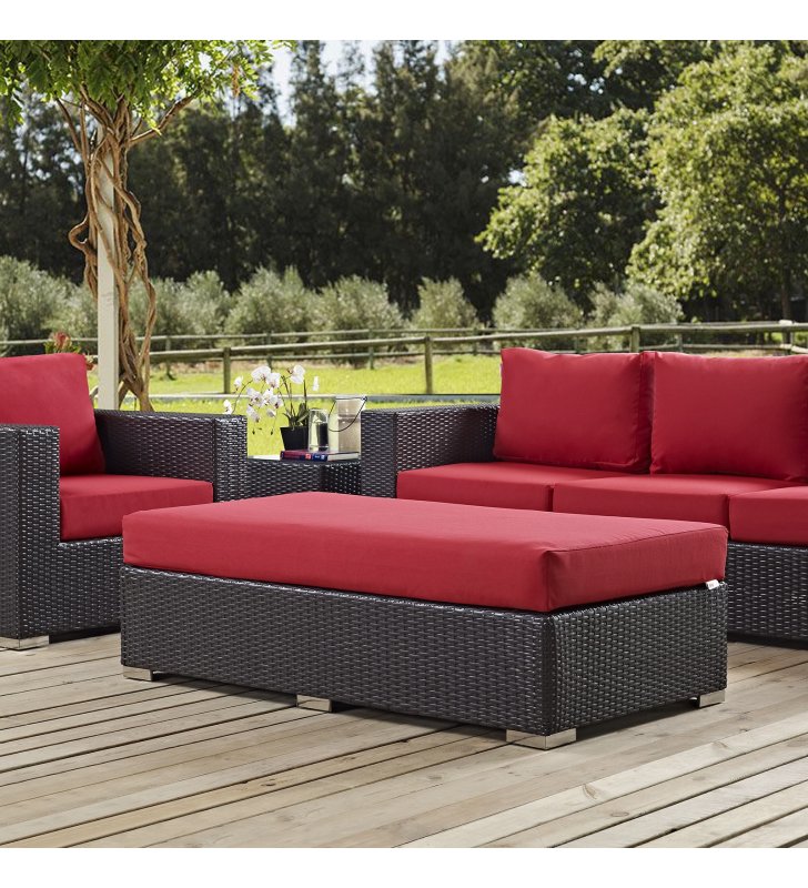 Convene Outdoor Patio Fabric Rectangle Ottoman in Espresso Red - Lexmod