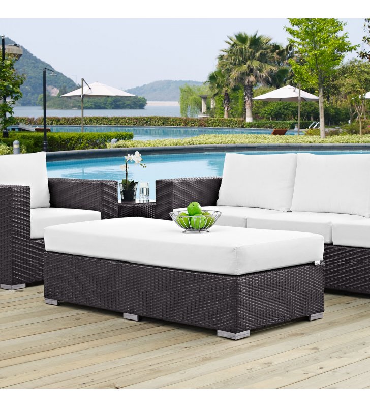 Convene Outdoor Patio Fabric Rectangle Ottoman in Espresso White - Lexmod