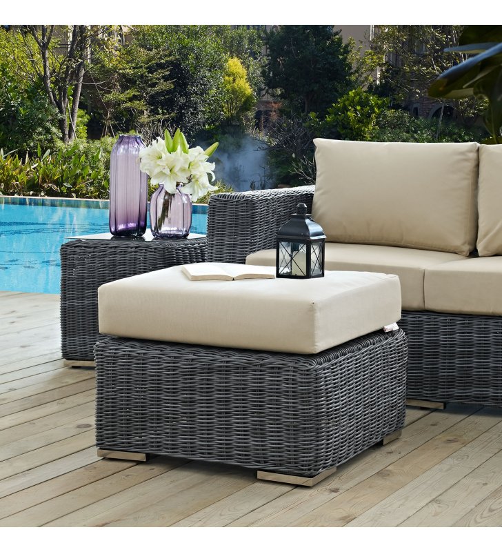 Summon Outdoor Patio Sunbrella Ottoman in Canvas Antique Beige - Lexmod