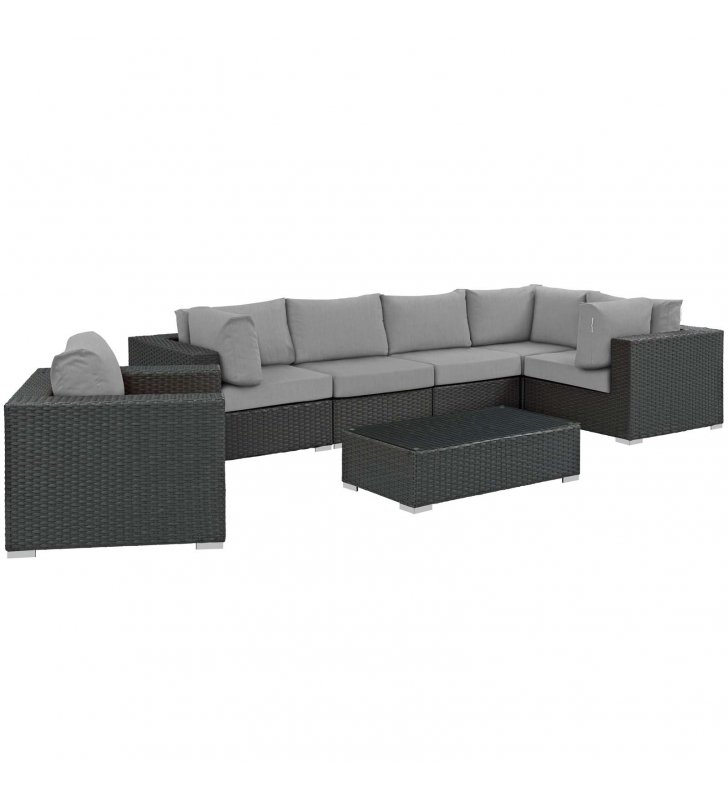Sojourn 7 Piece Outdoor Patio Sunbrella Sectional Set in Canvas Gray - Lexmod