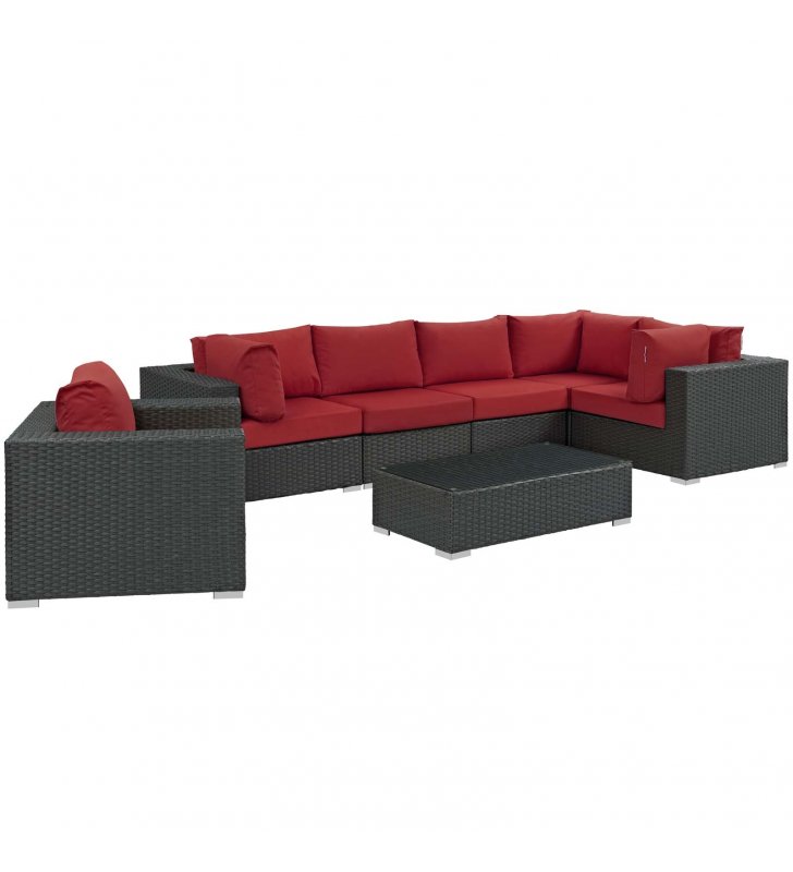 Sojourn 7 Piece Outdoor Patio Sunbrella Sectional Set in Canvas Red - Lexmod