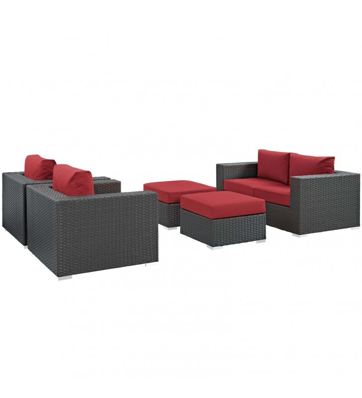 Sojourn 5 Piece Outdoor Patio Sunbrella Sectional Set in Canvas Red - Lexmod