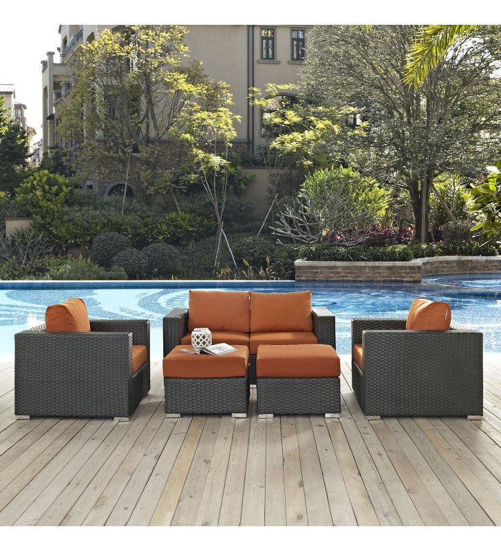 Sojourn 5 Piece Outdoor Patio Sunbrella¬Æ Sectional Set in Canvas Tuscan - Lexmod