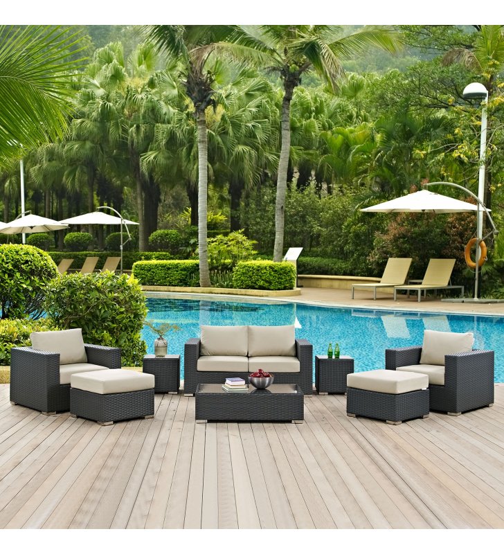 Sojourn 8 Piece Outdoor Patio Sunbrella¬Æ Sectional Set in Canvas Antique Beige - Lexmod
