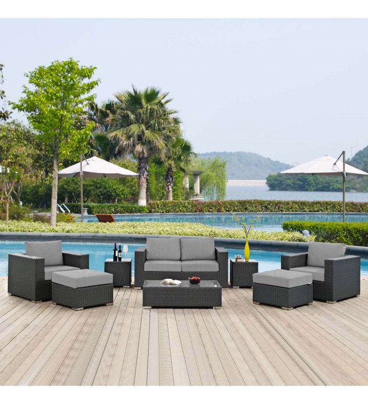 Sojourn 8 Piece Outdoor Patio Sunbrella Sectional Set in Canvas Gray - Lexmod