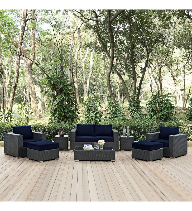Sojourn 8 Piece Outdoor Patio Sunbrella¬Æ Sectional Set in Canvas Navy - Lexmod