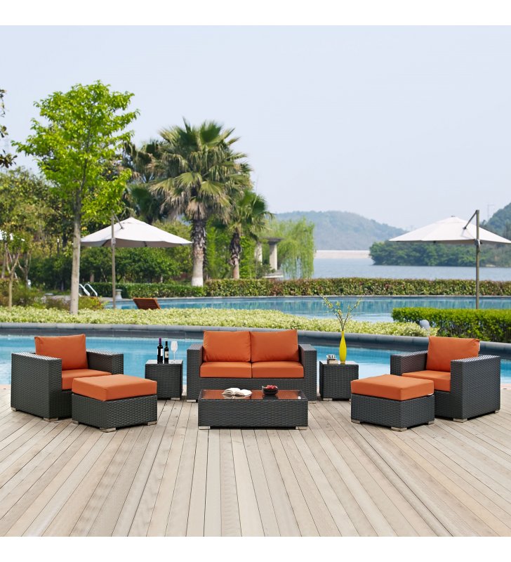Sojourn 8 Piece Outdoor Patio Sunbrella¬Æ Sectional Set in Canvas Tuscan - Lexmod