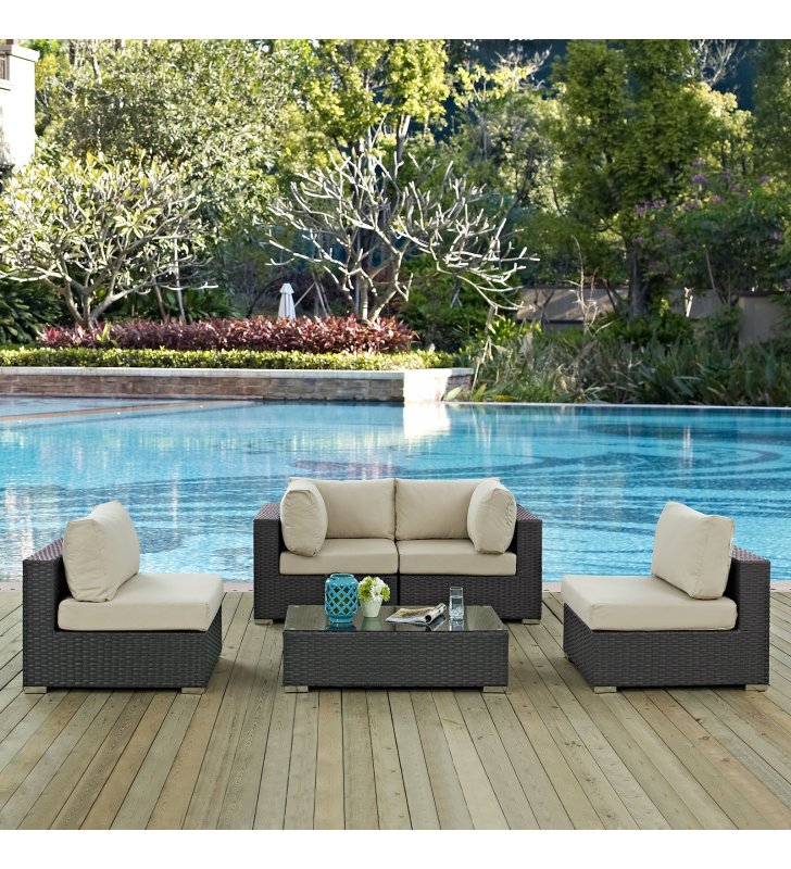 Sojourn 5 Piece Outdoor Patio Sunbrella¬Æ Sectional Set in Canvas Antique Beige - Lexmod