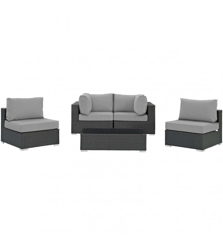 Sojourn 5 Piece Outdoor Patio Sunbrella Sectional Set in Canvas Gray - Lexmod