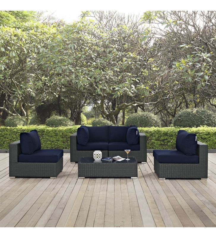 Sojourn 5 Piece Outdoor Patio Sunbrella¬Æ Sectional Set in Canvas Navy - Lexmod