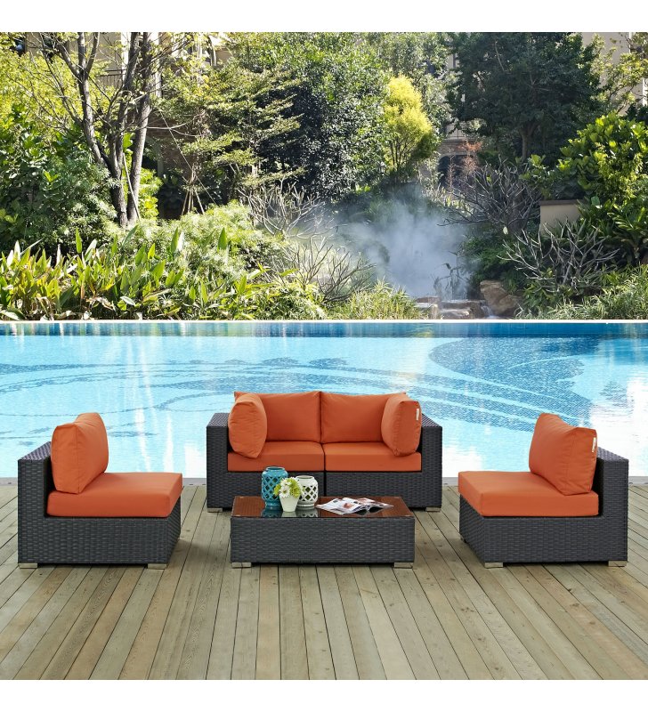 Sojourn 5 Piece Outdoor Patio Sunbrella¬Æ Sectional Set in Canvas Tuscan - Lexmod