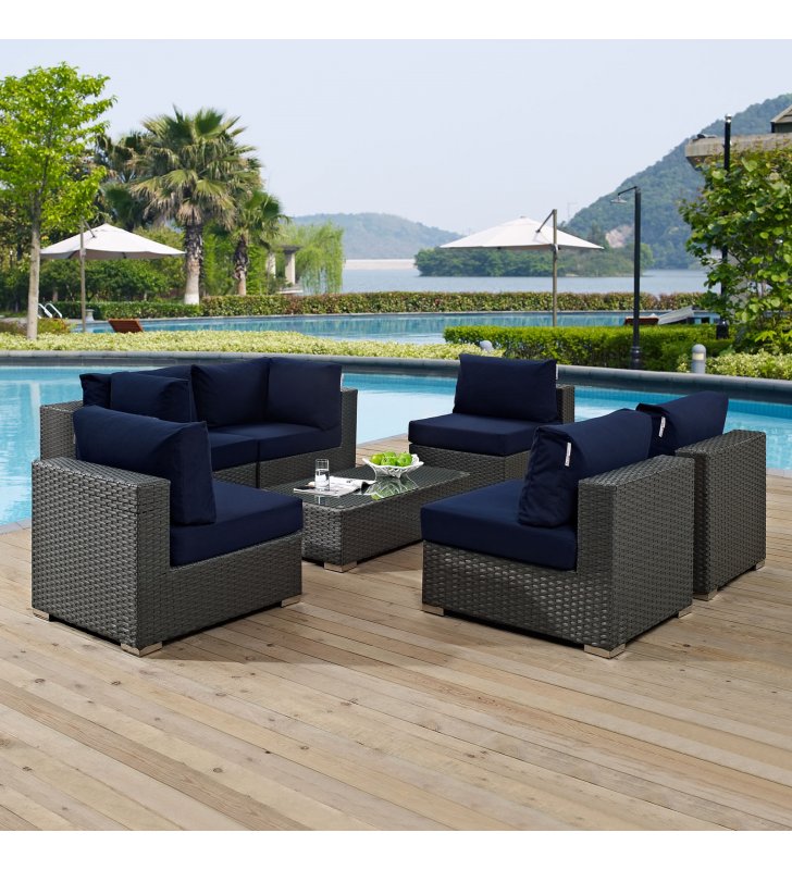 Sojourn 7 Piece Outdoor Patio Sunbrella¬Æ Sectional Set in Canvas Navy - Lexmod