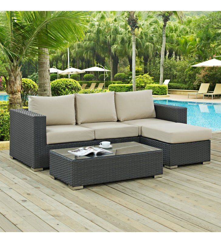 Sojourn 3 Piece Outdoor Patio Sunbrella¬Æ Sectional Set in Canvas Antique Beige - Lexmod