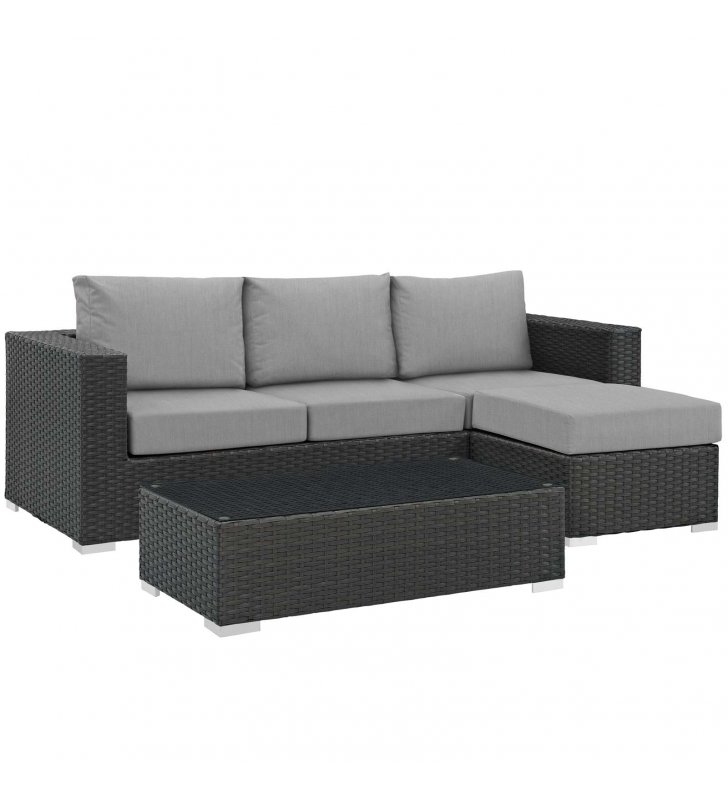 Sojourn 3 Piece Outdoor Patio Sunbrella Sectional Set in Canvas Gray - Lexmod