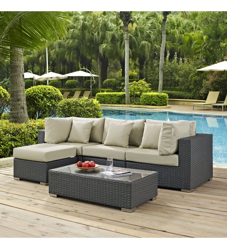 Sojourn 5 Piece Outdoor Patio Sunbrella¬Æ Sectional Set in Canvas Antique Beige - Lexmod