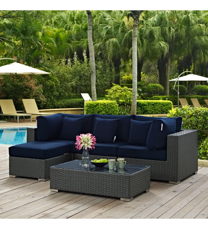 Sojourn 5 Piece Outdoor Patio Sunbrella¬Æ Sectional Set in Canvas Navy - Lexmod