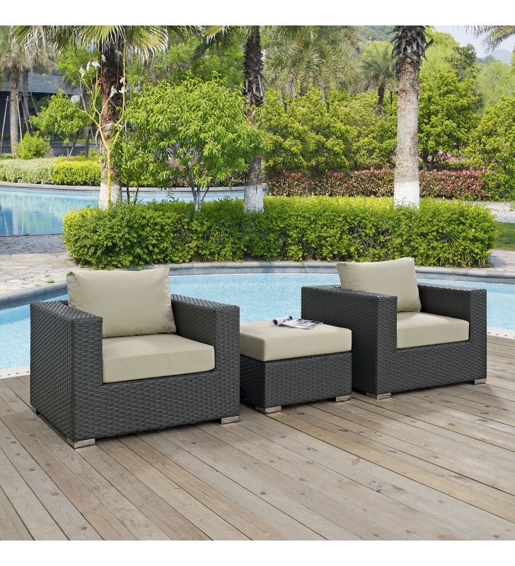 Sojourn 3 Piece Outdoor Patio Sunbrella¬Æ Sectional Set in Canvas Antique Beige - Lexmod