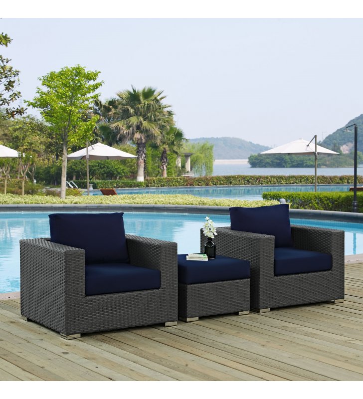 Sojourn 3 Piece Outdoor Patio Sunbrella¬Æ Sectional Set in Canvas Navy - Lexmod