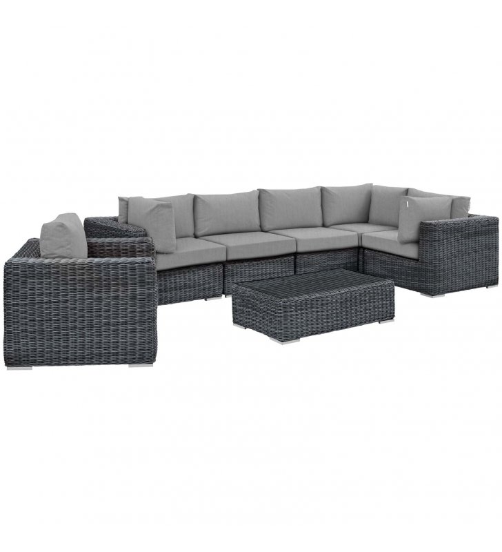 Summon 7 Piece Outdoor Patio Sunbrella Sectional Set in Canvas Gray - Lexmod