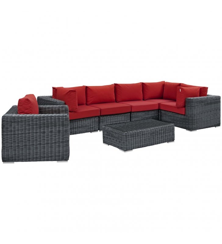 Summon 7 Piece Outdoor Patio Sunbrella Sectional Set in Canvas Red - Lexmod