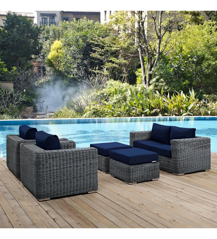 Summon 5 Piece Outdoor Patio Sunbrella¬Æ Sectional Set in Canvas Navy - Lexmod
