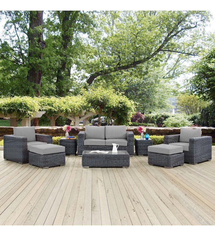 Summon 8 Piece Outdoor Patio Sunbrella Sectional Set in Canvas Gray - Lexmod