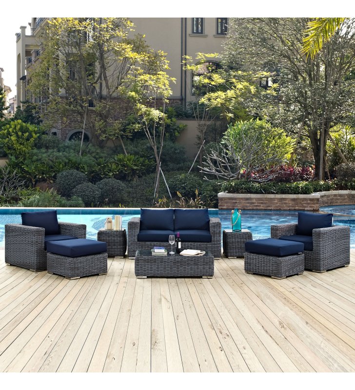 Summon 8 Piece Outdoor Patio Sunbrella Sectional Set in Canvas Navy - Lexmod