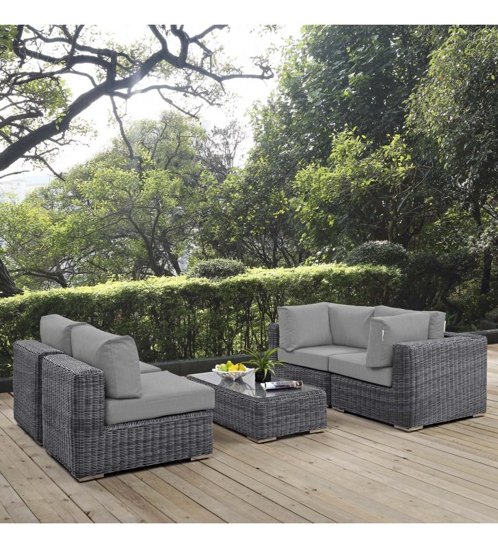 Summon 5 Piece Outdoor Patio Sunbrella Sectional Set in Canvas Gray - Lexmod