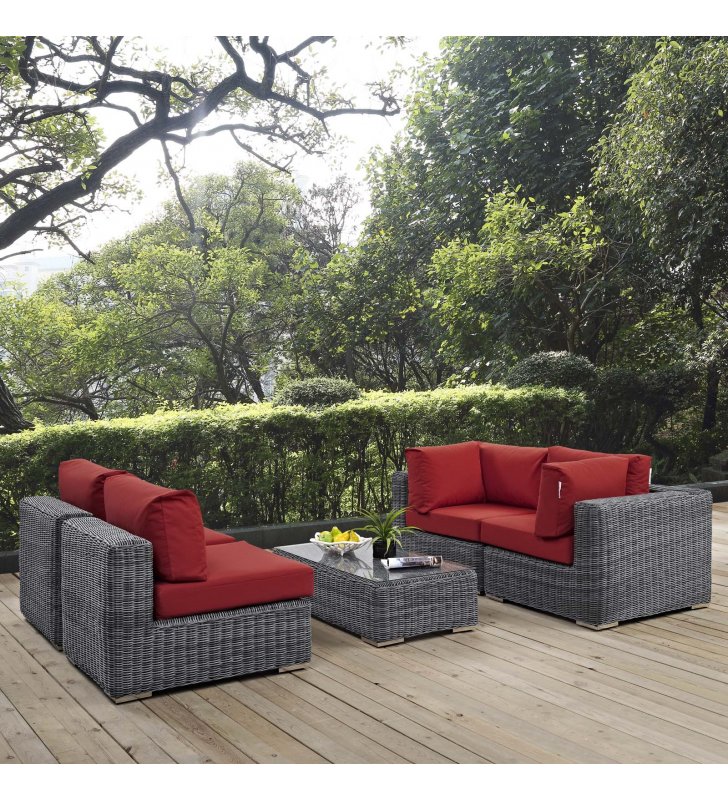 Summon 5 Piece Outdoor Patio Sunbrella Sectional Set in Canvas Red - Lexmod