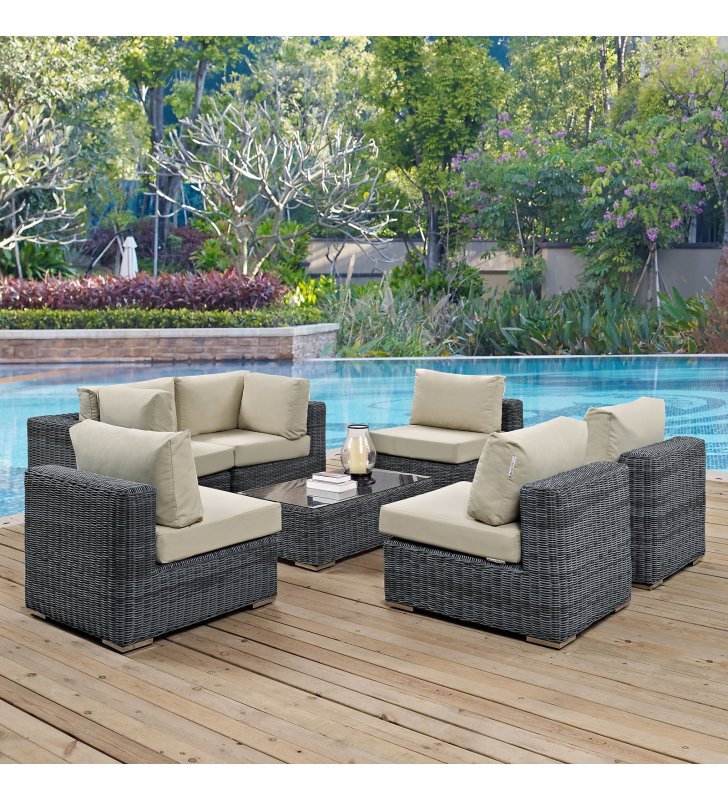 Summon 7 Piece Outdoor Patio Sunbrella¬Æ Sectional Set in Canvas Antique Beige - Lexmod