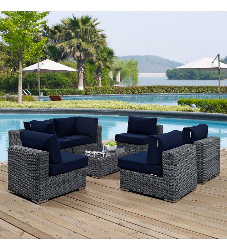 Summon 7 Piece Outdoor Patio Sunbrella¬Æ Sectional Set in Canvas Navy - Lexmod