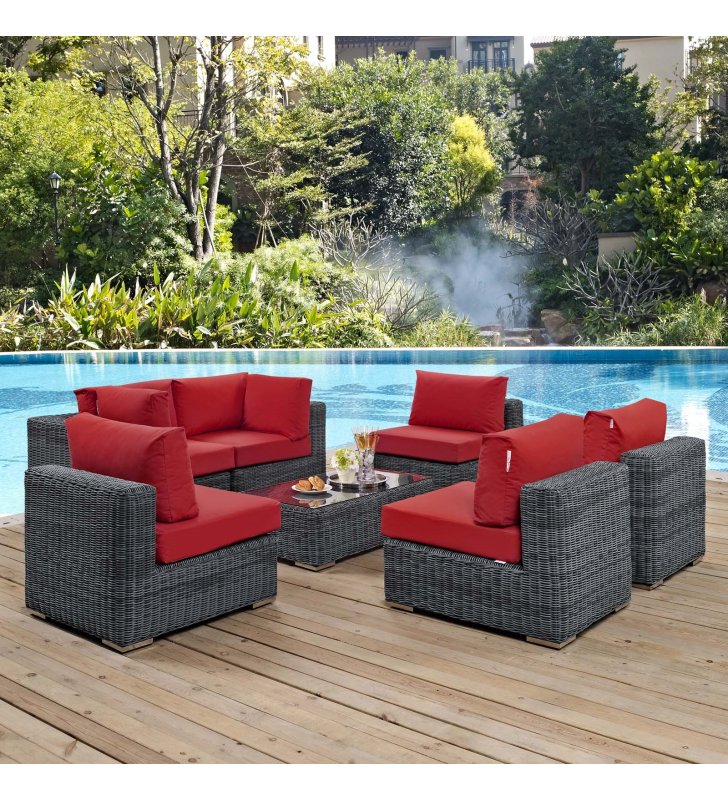 Summon 7 Piece Outdoor Patio Sunbrella Sectional Set in Canvas Red - Lexmod