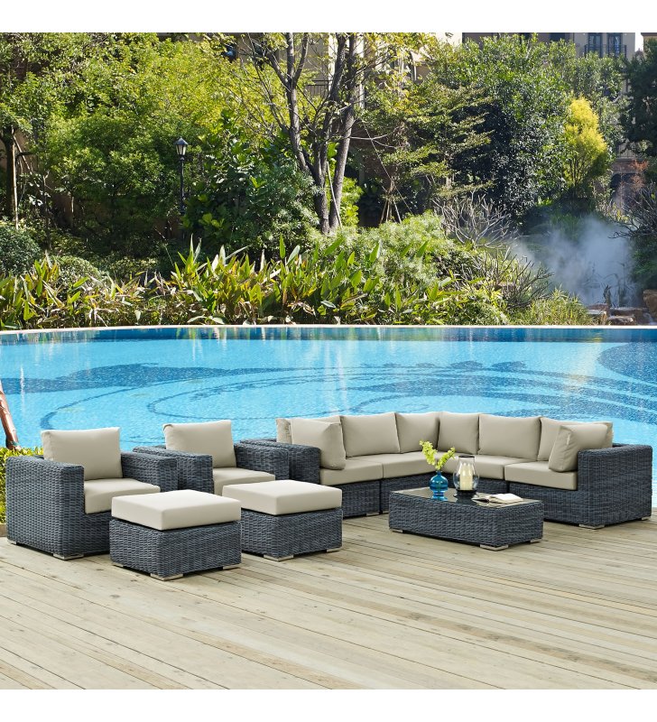 Summon 10 Piece Outdoor Patio Sunbrella¬Æ Sectional Set in Canvas Antique Beige - Lexmod