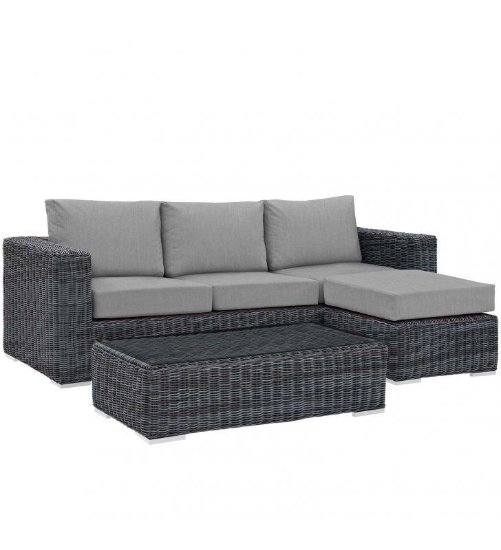 Summon 3 Piece Outdoor Patio Sunbrella Sectional Set in Canvas Gray - Lexmod