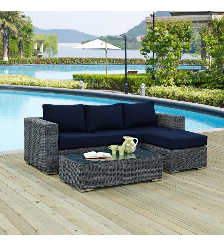 Summon 3 Piece Outdoor Patio Sunbrella¬Æ Sectional Set in Canvas Navy - Lexmod