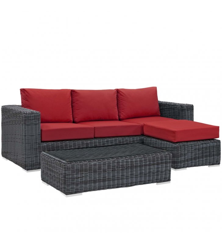 Summon 3 Piece Outdoor Patio Sunbrella Sectional Set in Canvas Red - Lexmod