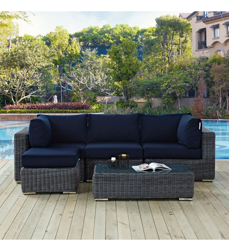 Summon 5 Piece Outdoor Patio Sunbrella¬Æ Sectional Set in Canvas Navy - Lexmod