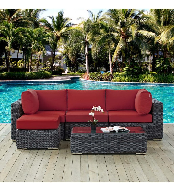 Summon 5 Piece Outdoor Patio Sunbrella Sectional Set in Canvas Red - Lexmod