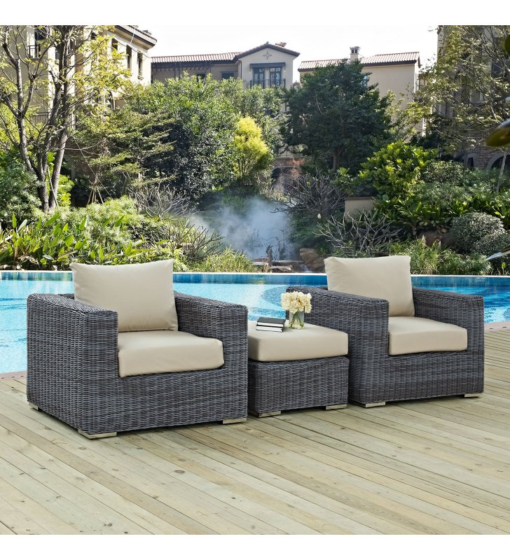 Summon 3 Piece Outdoor Patio Sunbrella¬Æ Sectional Set in Canvas Antique Beige - Lexmod