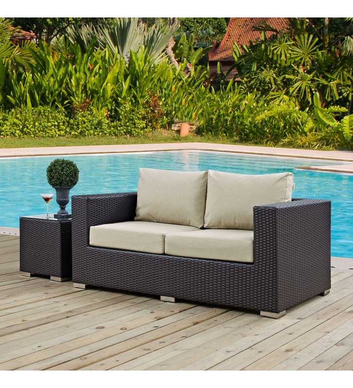 Convene Outdoor Patio Loveseat in Espresso Beige - Lexmod