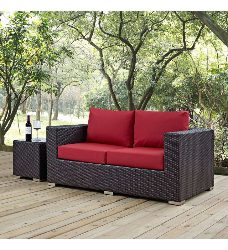 Convene Outdoor Patio Loveseat in Espresso Red - Lexmod