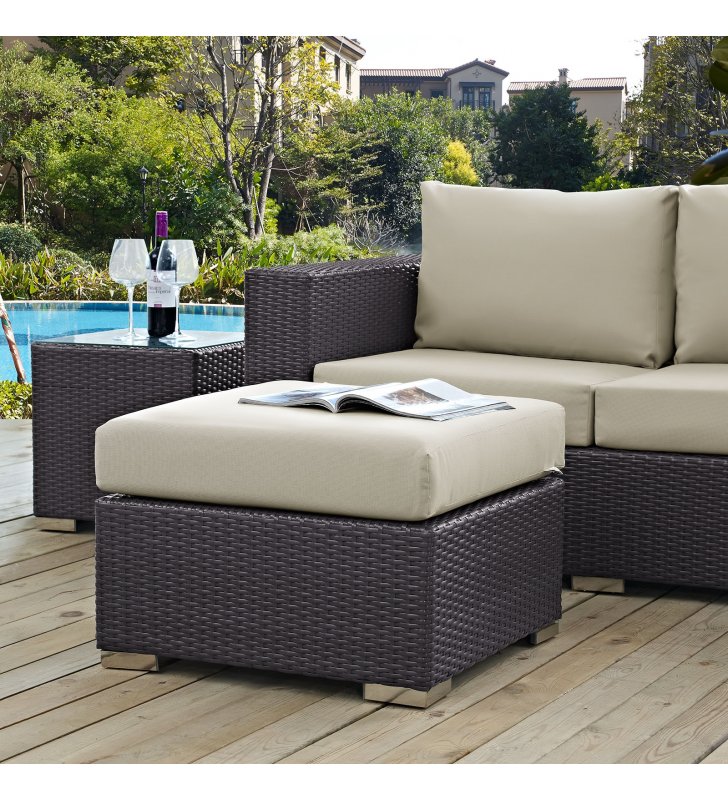 Convene Outdoor Patio Fabric Square Ottoman in Espresso Beige - Lexmod