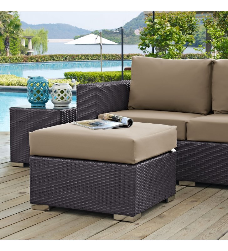 Convene Outdoor Patio Fabric Square Ottoman in Espresso Mocha - Lexmod