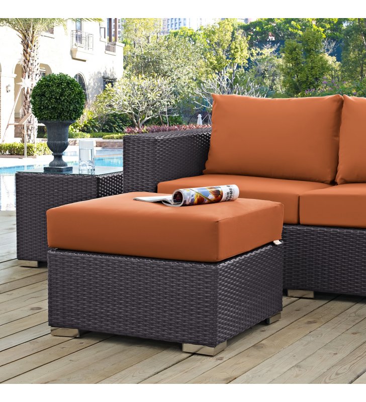 Convene Outdoor Patio Fabric Square Ottoman in Espresso Orange - Lexmod