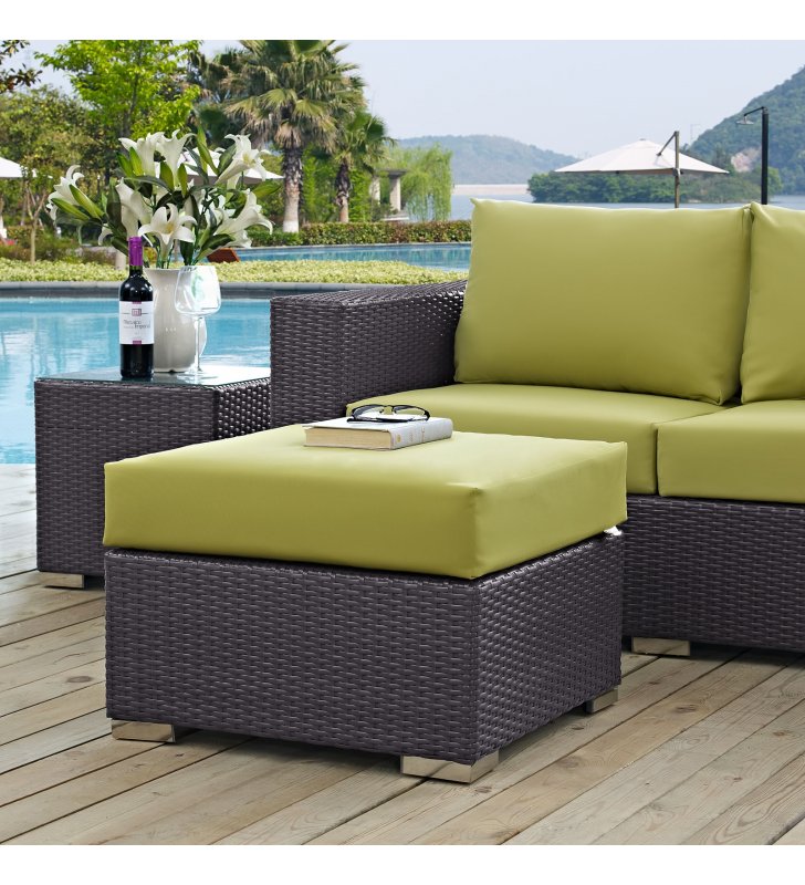 Convene Outdoor Patio Fabric Square Ottoman in Espresso Peridot - Lexmod