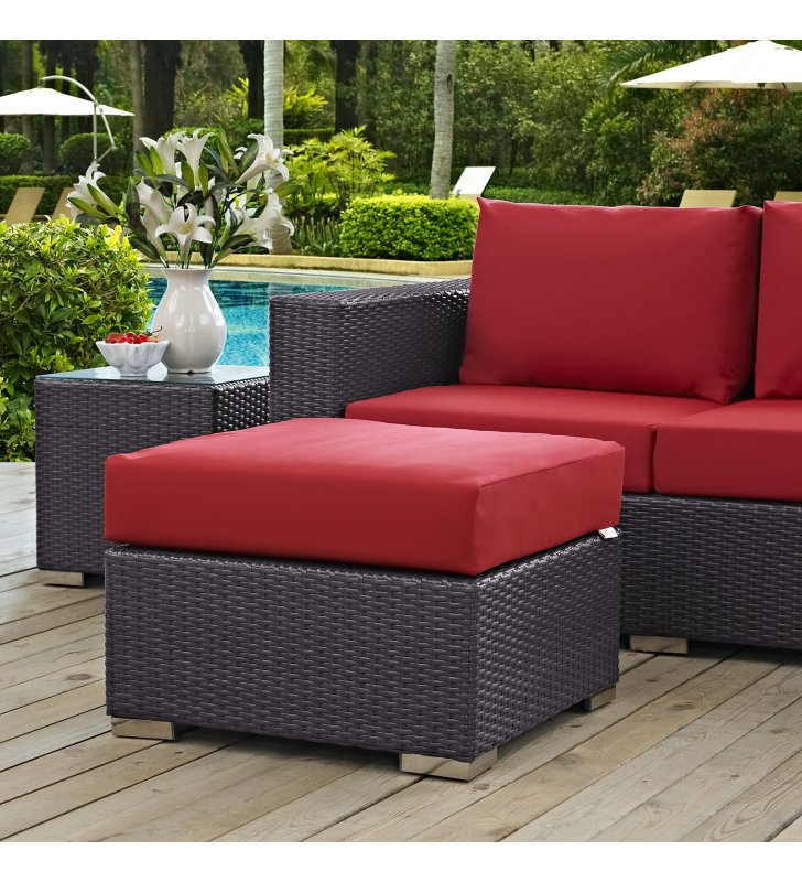 Convene Outdoor Patio Fabric Square Ottoman in Espresso Red - Lexmod