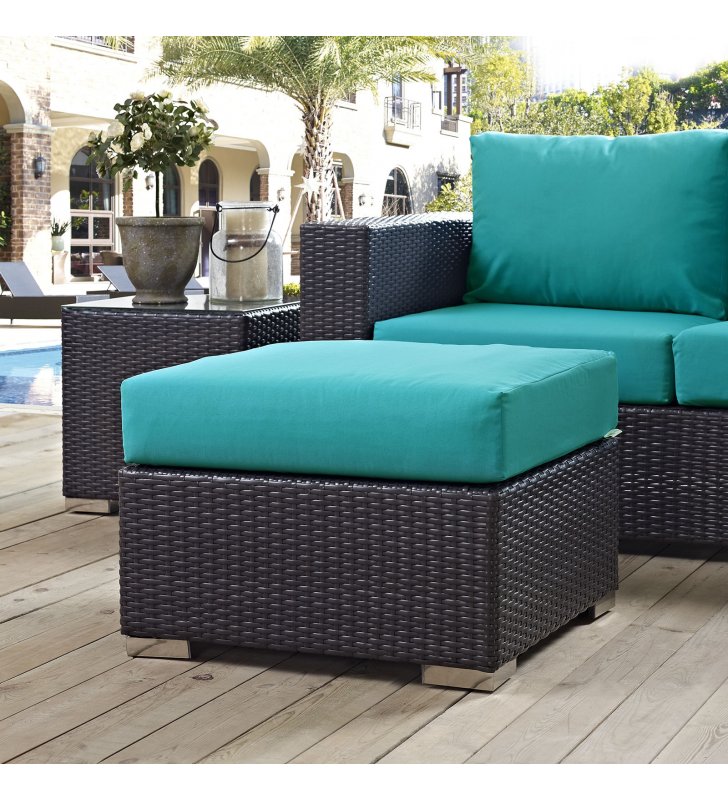 Convene Outdoor Patio Fabric Square Ottoman in Espresso Turquoise - Lexmod