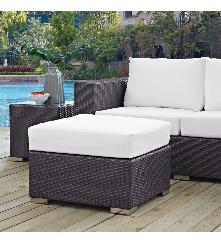Convene Outdoor Patio Fabric Square Ottoman in Espresso White - Lexmod